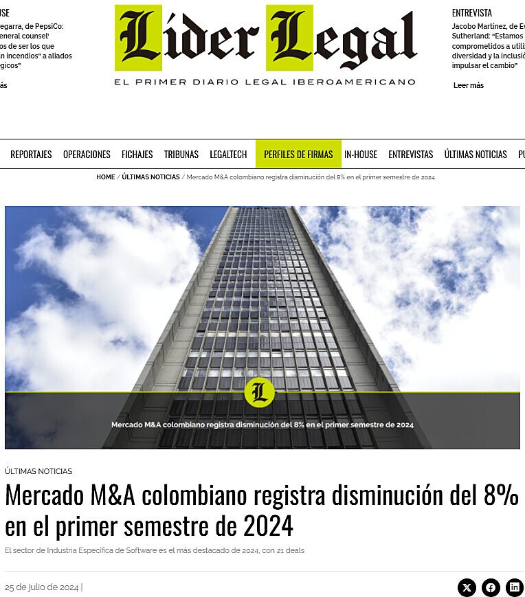 Mercado M&A colombiano registra disminucin del 8% en el primer semestre de 2024